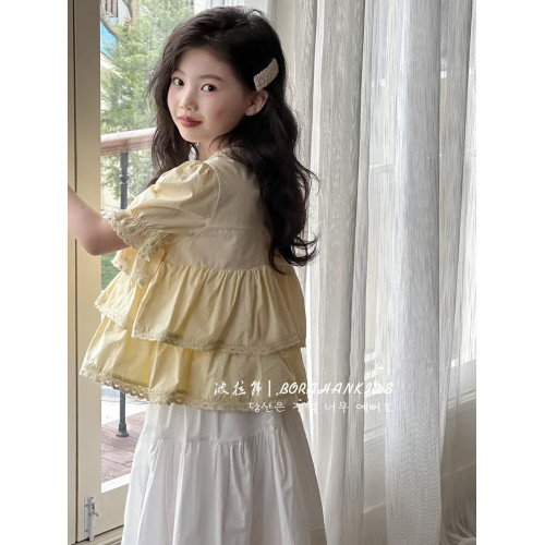 波拉韓女童洋氣娃娃衫法式短袖夏季2025新款兒童襯衫女孩黃色上衣