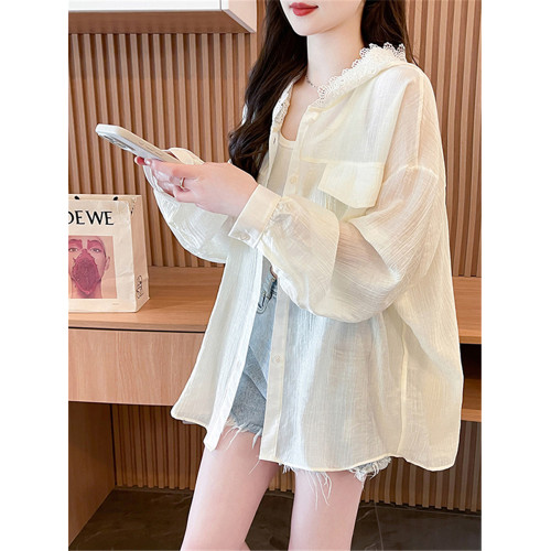高級輕薄透氣蕾絲拼接連帽防曬衣女2025新款韓版寬松春夏季薄外套