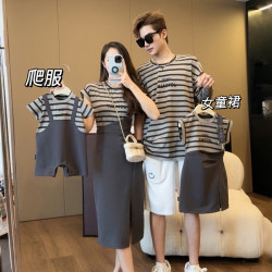 母女連衣裙親子裝夏一家三四口小月齡嬰兒爬服高級父子短袖條紋T