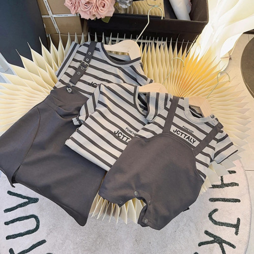 母女連衣裙親子裝夏一家三四口小月齡嬰兒爬服高級父子短袖條紋T
