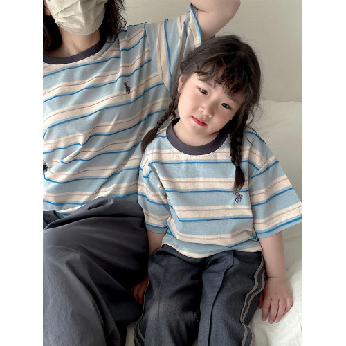 高級親子裝夏季2025新款條紋半袖上衣一家三口母子母女裝短袖T恤