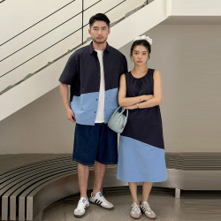 親子裝襯衫2025夏季韓版一家三四口拼接翻領襯衣母女裝背心休閒裙