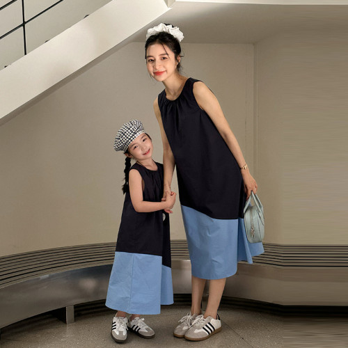 親子裝襯衫2025夏季韓版一家三四口拼接翻領襯衣母女裝背心休閒裙