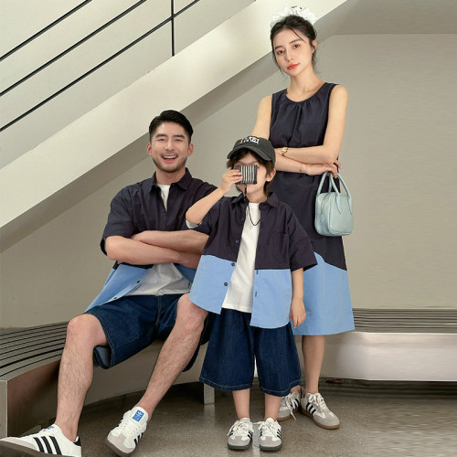 親子裝襯衫2025夏季韓版一家三四口拼接翻領襯衣母女裝背心休閒裙