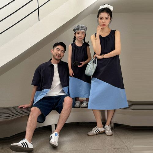 親子裝襯衫2025夏季韓版一家三四口拼接翻領襯衣母女裝背心休閒裙