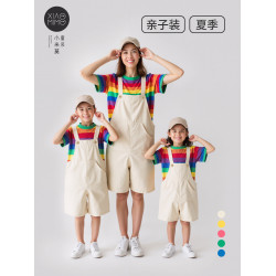親子裝純棉背帶褲夏季男女童母女裝彩虹表演舞蹈幼兒園合唱演出服