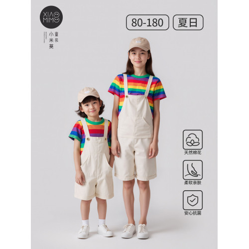 親子裝純棉背帶褲夏季男女童母女裝彩虹表演舞蹈幼兒園合唱演出服