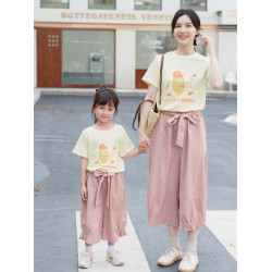 2025夏裝新款日系淑女粉色濶腳褲純棉T恤高級洋氣母女裝親子裝薄