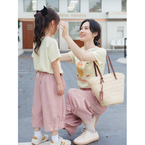 2025夏裝新款日系淑女粉色濶腳褲純棉T恤高級洋氣母女裝親子裝薄