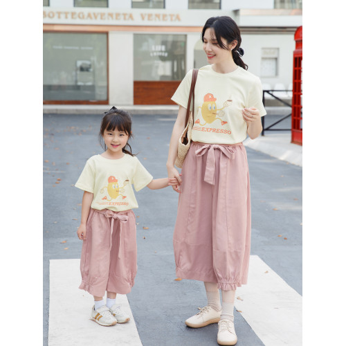 2025夏裝新款日系淑女粉色濶腳褲純棉T恤高級洋氣母女裝親子裝薄