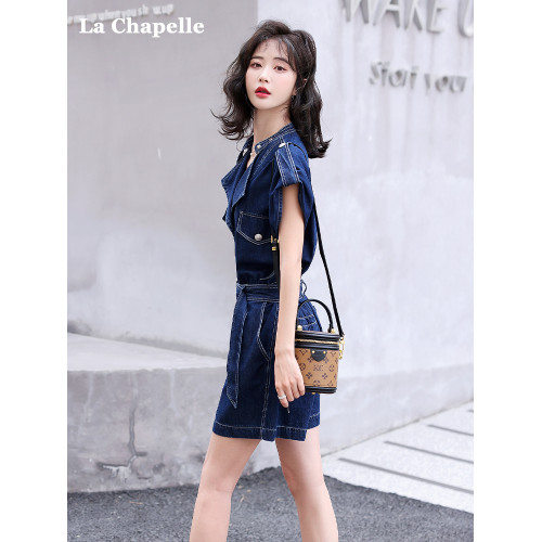 拉夏貝爾官方收腰牛仔連體褲女2025夏季新款薄款顯瘦濶腿連衣短褲
