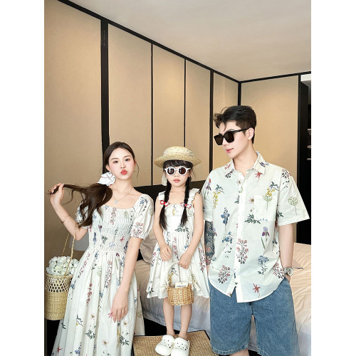 海邊度假親子裝母女裝夏懷舊走秀復古港風一家三口碎花襯衫連衣裙