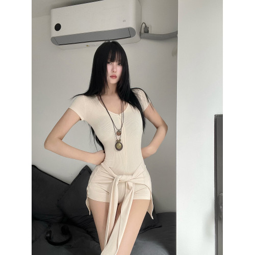 美式街頭風酷颯辣妹腰部綁帶兩件套V領短袖修身連體衣瑜伽連體褲