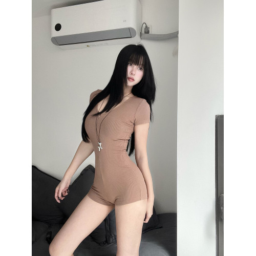 美式街頭風酷颯辣妹腰部綁帶兩件套V領短袖修身連體衣瑜伽連體褲