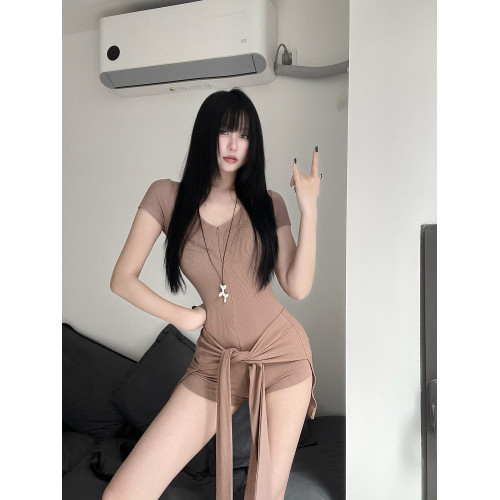 美式街頭風酷颯辣妹腰部綁帶兩件套V領短袖修身連體衣瑜伽連體褲