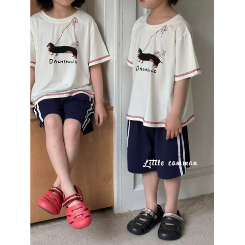 波拉韓國童裝男女童短袖T恤衫夏款兒童洋氣家居服套裝親子裝潮