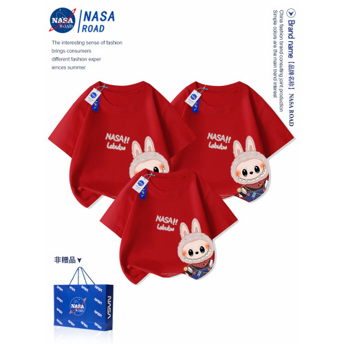 NASA拉布布紅色親子裝一家三口母子短袖2025新款母女labubut恤夏