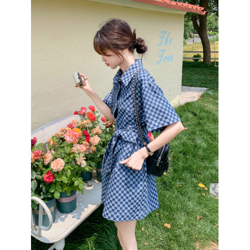 棋盤格牛仔連體褲女2025年夏季新款韓版小個子復古收腰顯瘦連體衣