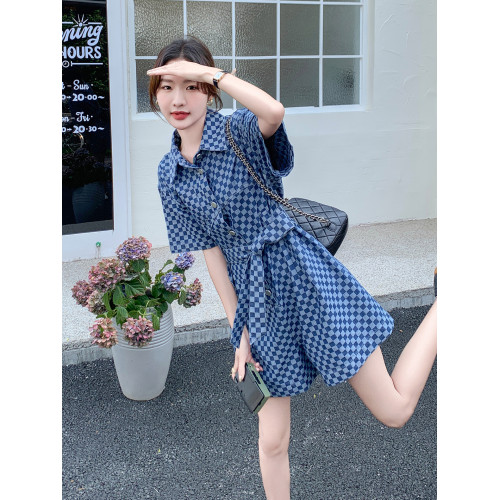 棋盤格牛仔連體褲女2025年夏季新款韓版小個子復古收腰顯瘦連體衣