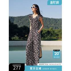衣香麗影黑色碎花無袖連體褲女2025夏裝新款遮肉飛飛袖寬松連體衣
