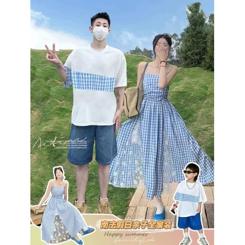 法式親子裝男童T一家三口蕾絲格子吊帶連衣裙夏季海邊度假沙灘裙
