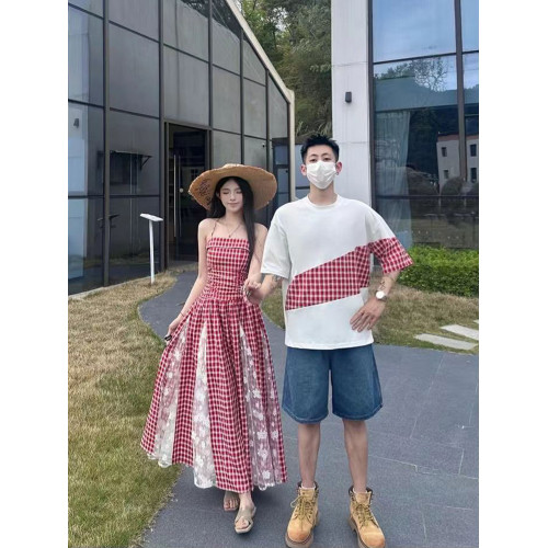 法式親子裝男童T一家三口蕾絲格子吊帶連衣裙夏季海邊度假沙灘裙