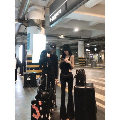 韓系後背設計感外穿帶胸墊吊帶背心女辣妹修身連體衣喇叭褲套裝