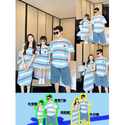高級親子裝一家三口夏裝母子母女裝條紋小月齡嬰兒短袖T恤連衣裙