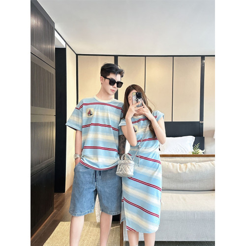 高級親子裝一家三口夏裝母子母女裝條紋小月齡嬰兒短袖T恤連衣裙