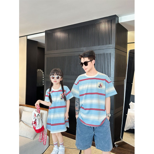 高級親子裝一家三口夏裝母子母女裝條紋小月齡嬰兒短袖T恤連衣裙