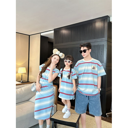 高級親子裝一家三口夏裝母子母女裝條紋小月齡嬰兒短袖T恤連衣裙