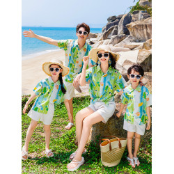 親子裝一家三口四口2025新款母女連衣裙海邊沙灘度假短袖襯衫套裝