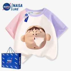 NASA阿呆抽紙設計感純棉短袖T恤夏季男童女童隨身帶紙親子裝衣服