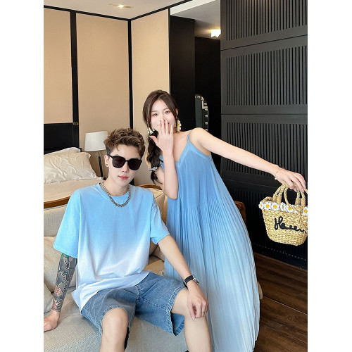 海邊度假親子裝母女裝2025新款藍色漸變夏一家三口沙灘T恤 連衣裙
