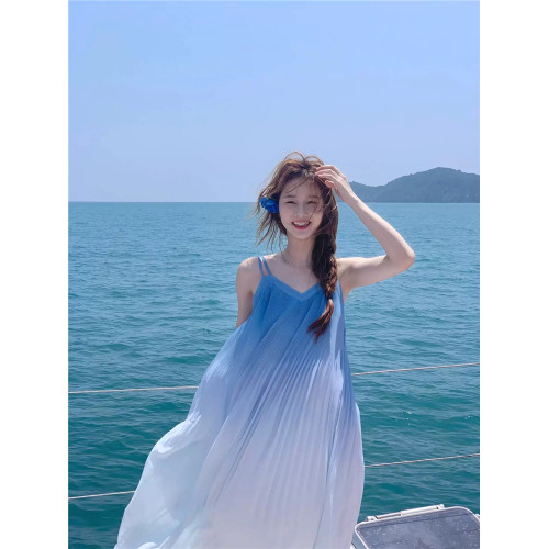 海邊度假親子裝母女裝2025新款藍色漸變夏一家三口沙灘T恤 連衣裙