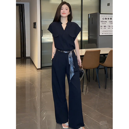 時尚連體衣套裝女2025夏季新款時髦氣質收腰顯瘦垂感濶腿連體褲潮