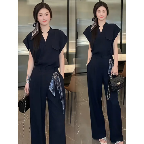 時尚連體衣套裝女2025夏季新款時髦氣質收腰顯瘦垂感濶腿連體褲潮