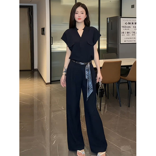 時尚連體衣套裝女2025夏季新款時髦氣質收腰顯瘦垂感濶腿連體褲潮