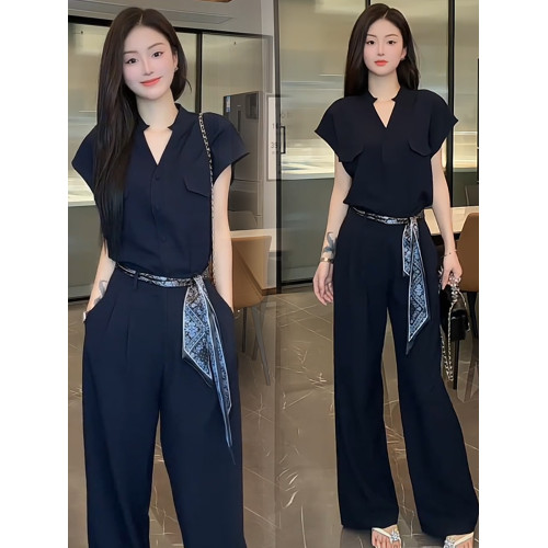 時尚連體衣套裝女2025夏季新款時髦氣質收腰顯瘦垂感濶腿連體褲潮