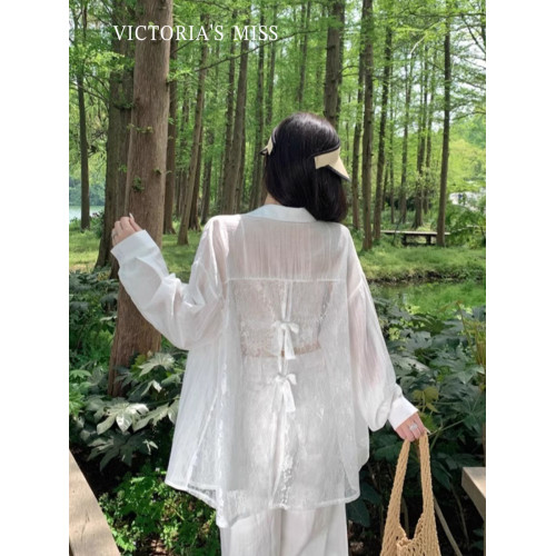 英國VICTORIA'S MISS防曬衣襯衫女夏薄紗罩衫雪紡外搭開衫中長款