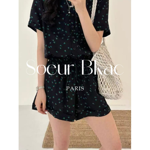 法國SOEUR BKAC法式藏青色碎花高腰顯瘦雪紡連體褲女夏高級連體衣