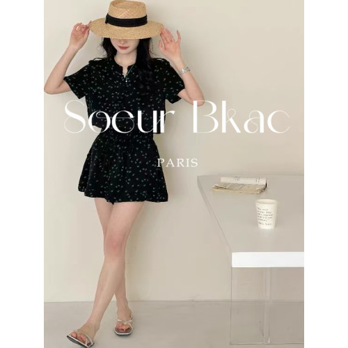 法國SOEUR BKAC法式藏青色碎花高腰顯瘦雪紡連體褲女夏高級連體衣