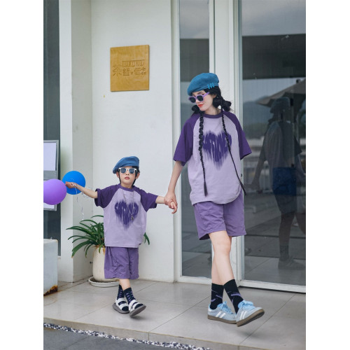 網紅炸街親子裝母子母女一家三口夏裝2025新款多巴胺紫色短袖t恤