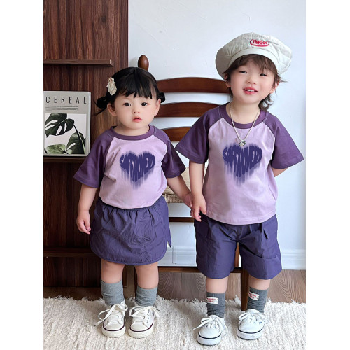 網紅炸街親子裝母子母女一家三口夏裝2025新款多巴胺紫色短袖t恤