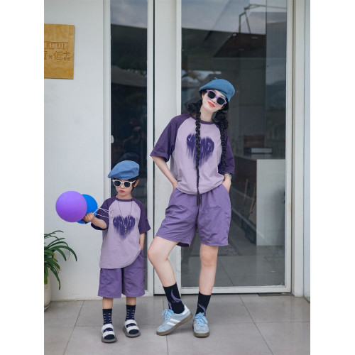 網紅炸街親子裝母子母女一家三口夏裝2025新款多巴胺紫色短袖t恤