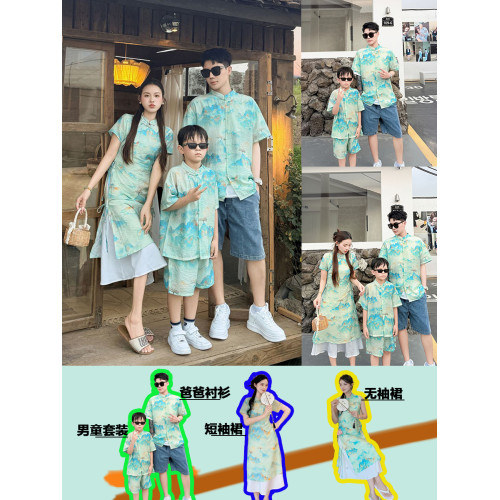 親子裝一家三口夏裝母子母女裝新中式風小月齡套裝連衣裙旗袍