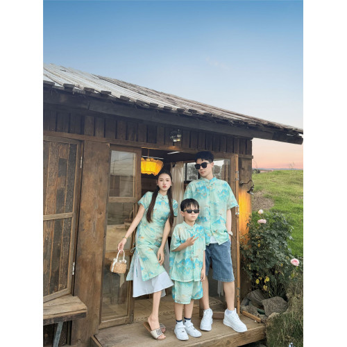 親子裝一家三口夏裝母子母女裝新中式風小月齡套裝連衣裙旗袍