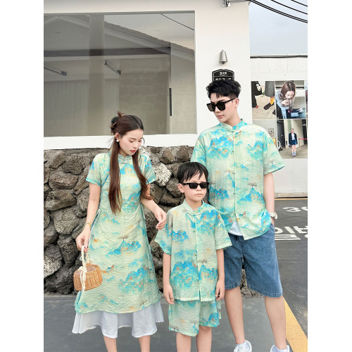親子裝一家三口夏裝母子母女裝新中式風小月齡套裝連衣裙旗袍