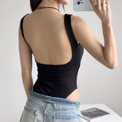 歐美性感U領連體吊帶背心女緊身露背內搭打底連體衣帶胸墊上衣INS