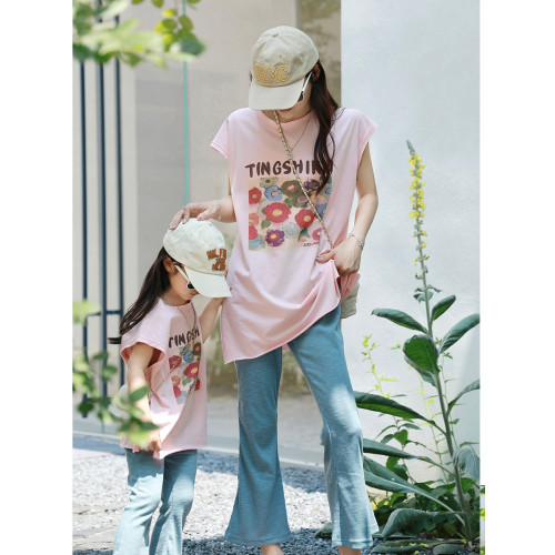 時尚休閒親子裝2025新款夏季母女裝女童洋氣炸街網紅套裝短袖T恤